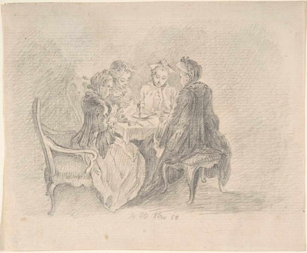 Four Ladies Sitting around a Table Occupied with Needlework, Reading, and Writing, Daniel Nikolaus Chodowiecki · 메트로폴리탄 미술관 소장품