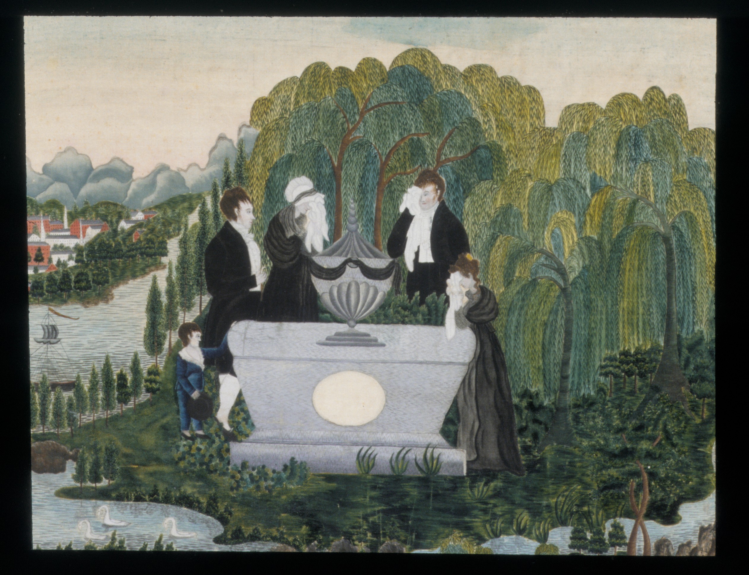 기념비와 나무, 인물을 그린 1810년경 미국의 애도 그림