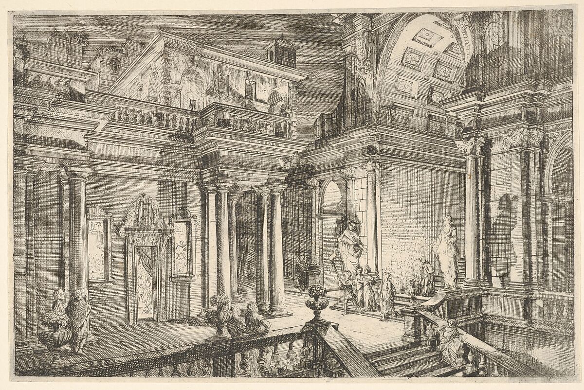 Pietro Francesco Prina의 Interior of a Classical Building Showing People Engaged in Conversation